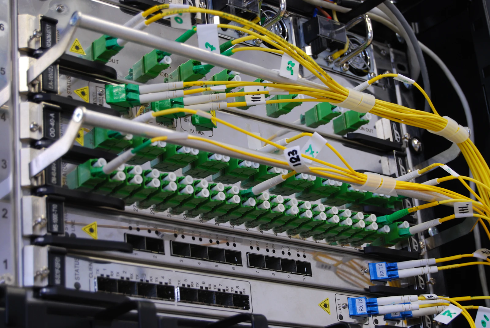 Cavi in fibra ottica collegati a uno switch in un armadio rack